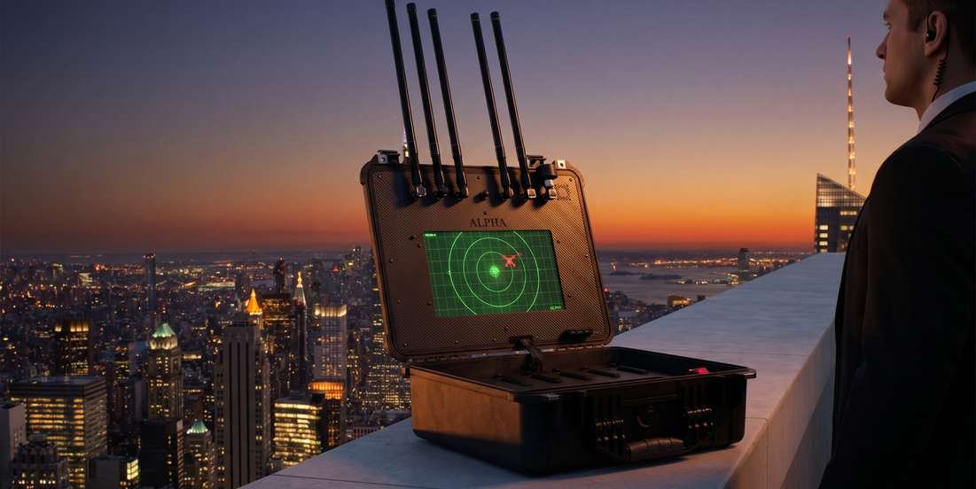 Alpha jammer overlooking a city skyline at dusk