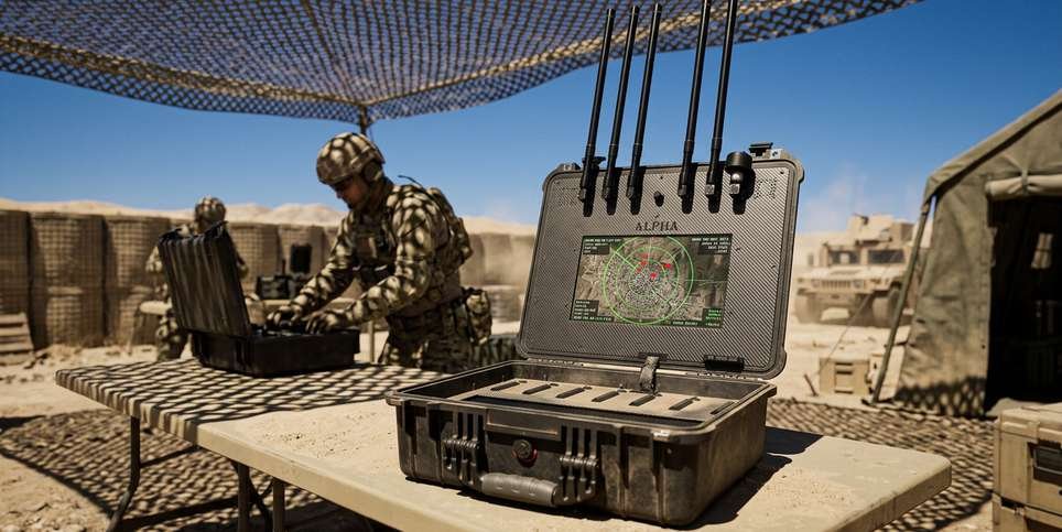 Alpha jammer deployed by soldiers in the field