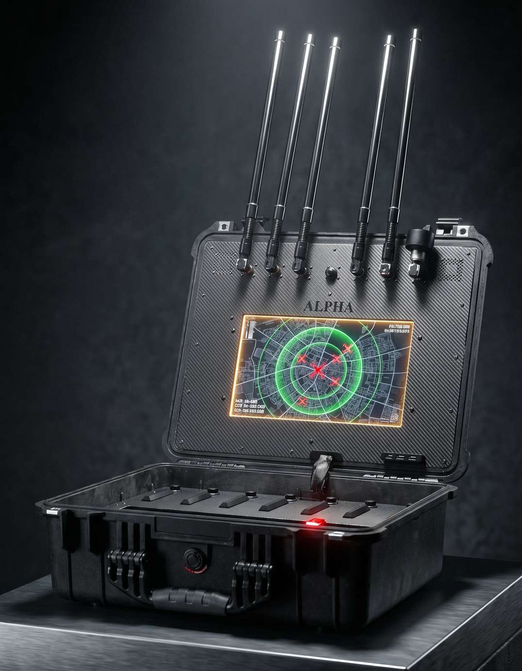 Alpha jammer case open showing antenna array and radar display