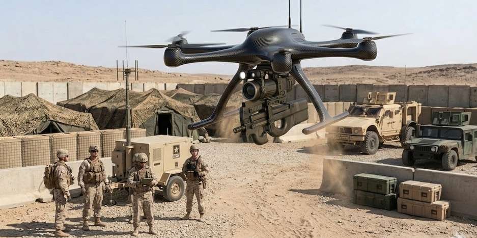 Eagle Eye hexacopter launching at a forward base with soldiers observing