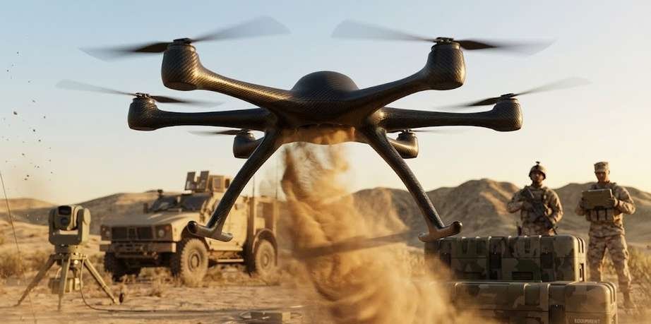 Eagle Eye hexacopter in flight kicking up dust near vehicles