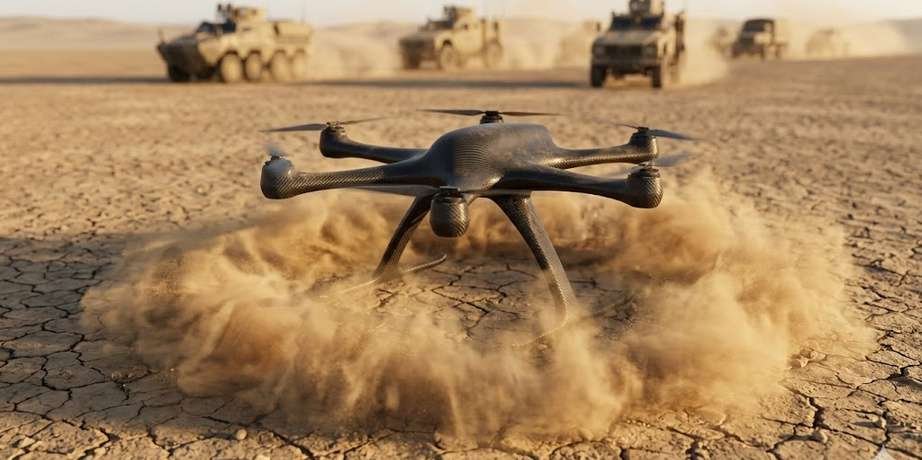 Eagle Eye hexacopter hovering low over cracked desert ground