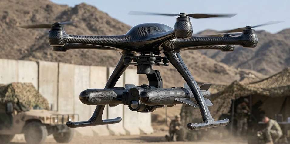 Eagle Eye hexacopter with sensor payload near a security checkpoint
