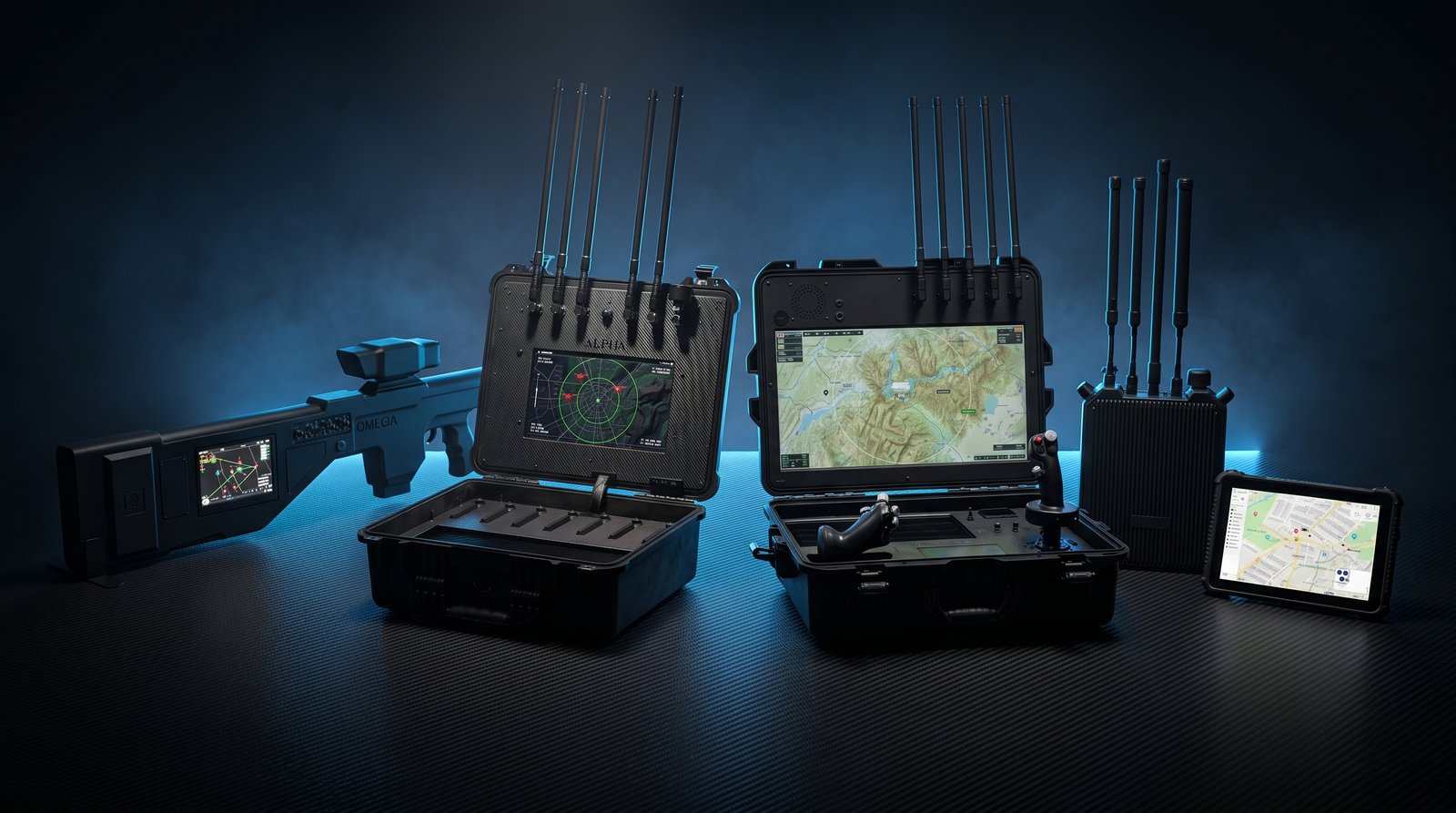 AeroGuard ORACLE detection systems and ALPHA, OMEGA jamming hardware staged together