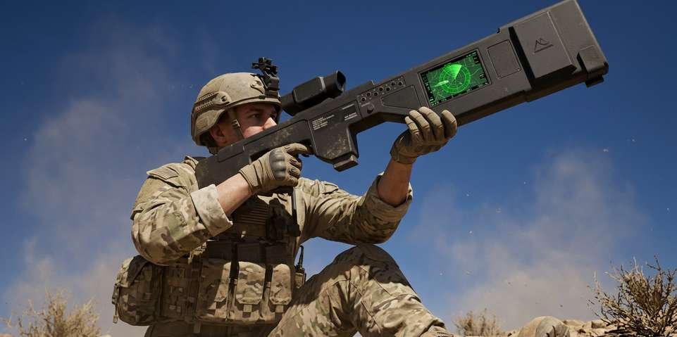 Soldier deploying the Omega jammer prone in the desert