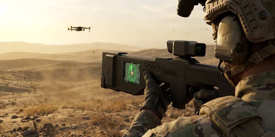Soldier aiming Omega at a drone target