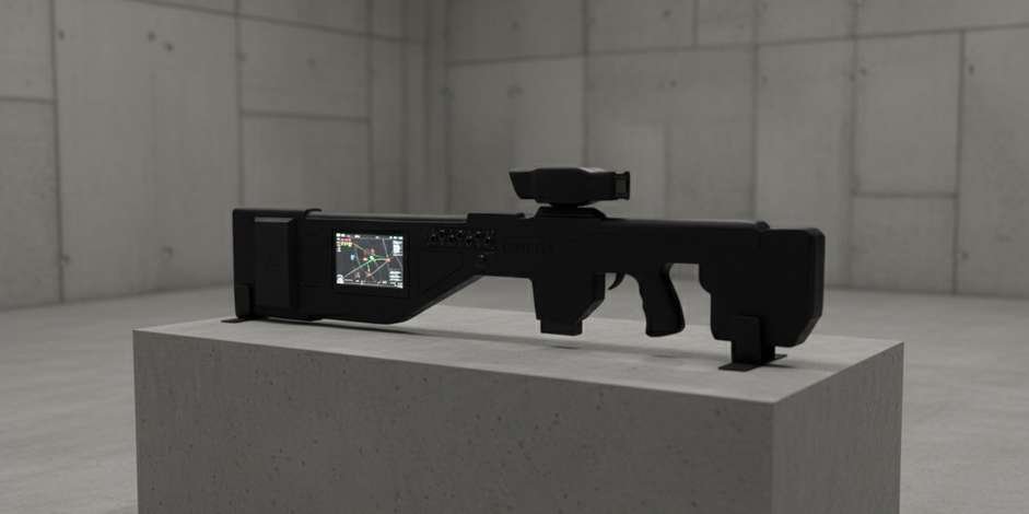 Omega jammer on display against a concrete wall