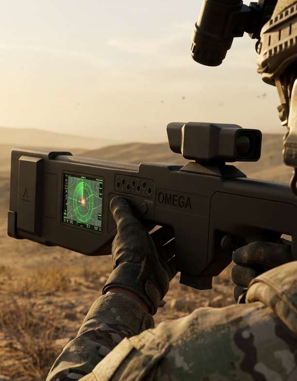 Soldier aiming the Omega rifle-style jammer at a target