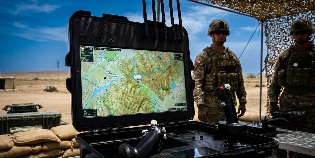 Oracle Flight case open showing map display and drone control joystick