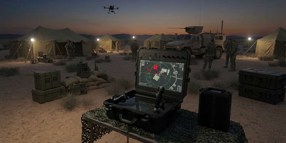 Oracle Flight deployed at a desert forward operating base at dusk