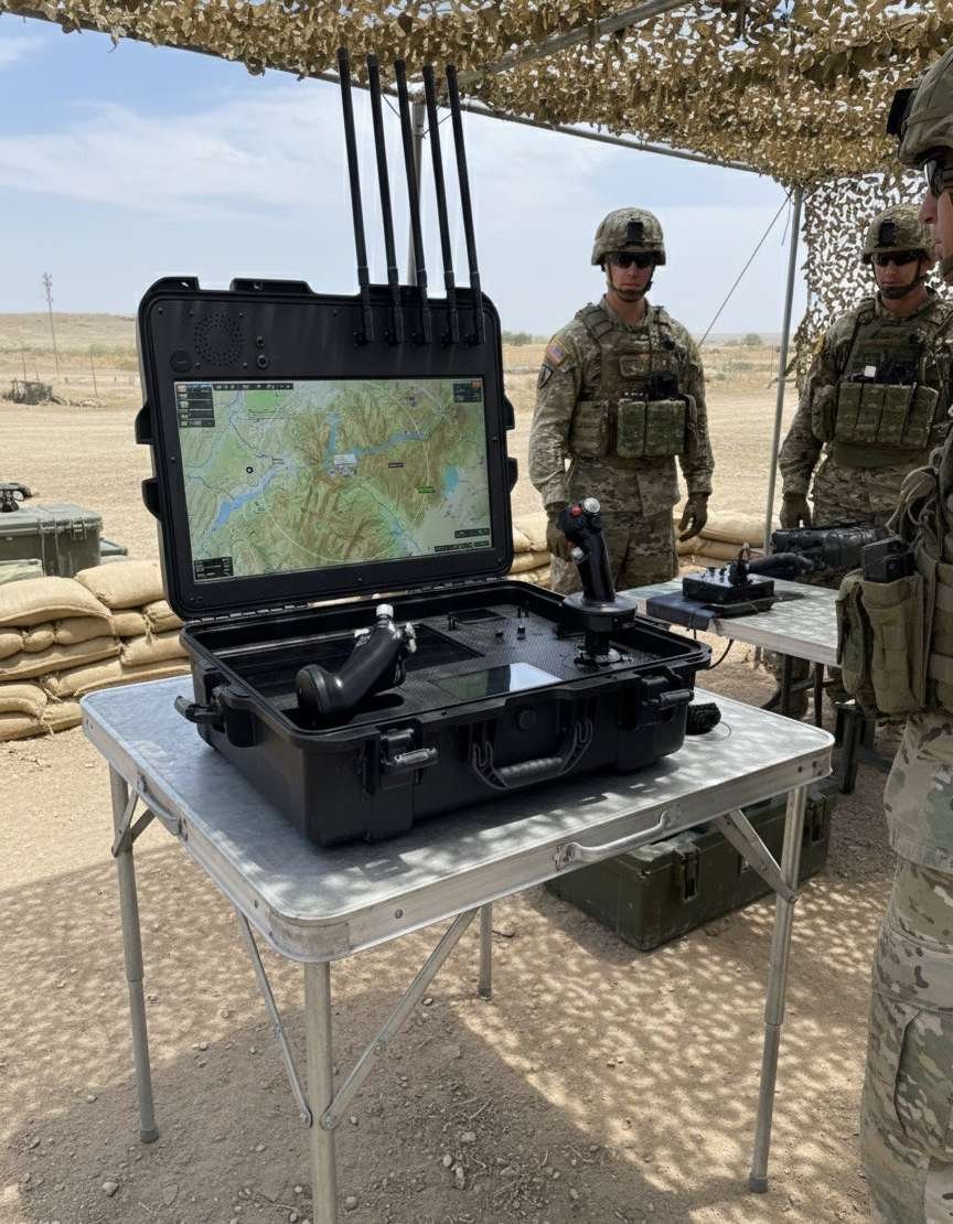 Oracle Flight suitcase ground control station operated by two soldiers in the field